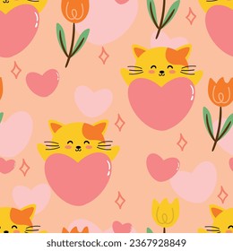 Seamless cute cat pattern for fabric prints, textiles, gift wrapping paper. colorful vector for children, flat style