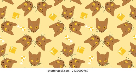 Seamless cute cat pattern. Repeating texture with kitty head, wrapped presents and party hats. Adorable wrapping paper template. Birthday festive background.