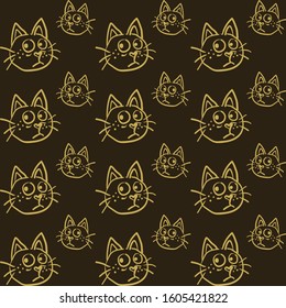 Seamless cute cat pattern. Template for print design. Wallpaper texture. Seamless background pattern.  Color in the image: black, gold. Vector illustration.