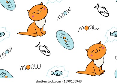 seamless cute cat pattern vector illustration. cat dreams and thinks about fish