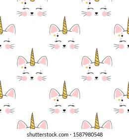 Seamless cute cat unicorn pattern for kids design.
