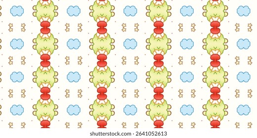 Seamless cute caterpillar pattern with stars and clouds. Perfect for kids' products and playful backgrounds. Seamless, pattern, cute, cartoon, kids.