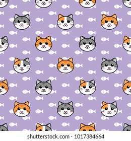 seamless cute cats face and fish vector pattern on purple background. cat pattern