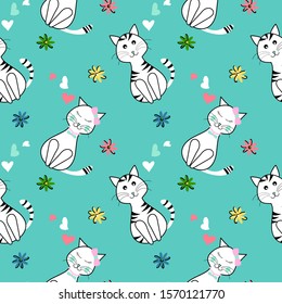 Seamless cute cats pattern with small flowers and hearts