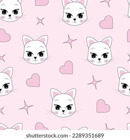 Seamless cute cats pattern vector illustration on pink background.