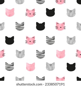 Seamless cute cats pattern. Vector illustration with watercolor cat heads. Childish print