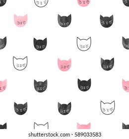 Seamless cute cats pattern. Vector background with watercolor cat heads. 