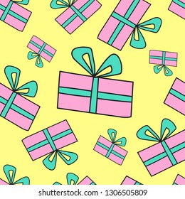 Seamless cute celebratory pattern with pink presents on yellow. Decorative romantic background. Template for print - Vector