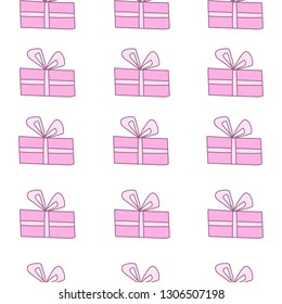Seamless cute celebratory pattern with pink presents on white. Decorative romantic background. Template for print - Vector