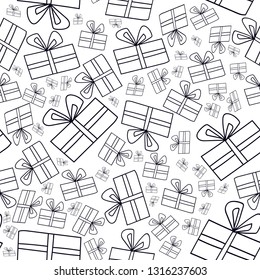 Seamless cute celebratory pattern with presents, black on white. Decorative romantic background. Template for print - Vector