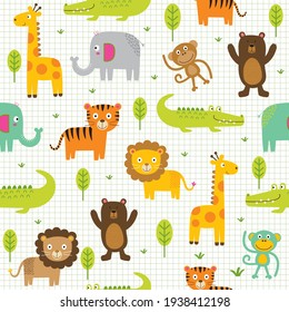 Seamless Cute Character Animals On Jungle, Cartoon Animal Zoo