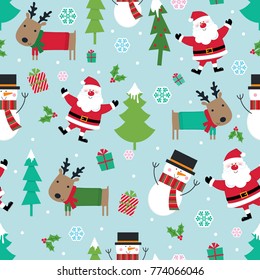 Seamless cute character, cute Santa clause, cute reindeer, cute snowman and Christmas element