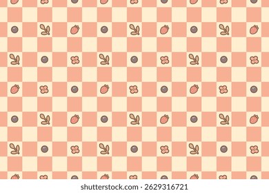 Seamless cute checkered pattern with strawberry blueberry flower and leaf in soft pastel colors