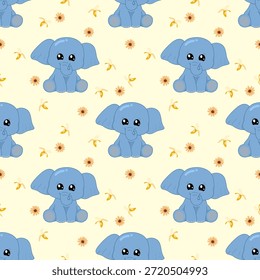 Un patrón sin fisuras, lindo y alegre de pequeños elefantes, junto con plátanos y flores, perfecto para telas, Fondos de pantalla, estampados y varios diseños.