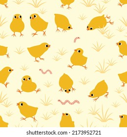 Seamless cute chickens pattern with worm and grass.