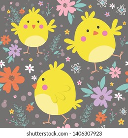 Seamless cute chicks and cute flower design on grey background, suitable for wallpaper,wrapping,card,creative paper