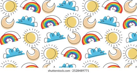 Seamless cute childish background with rainbow, sun, clouds, month. Print for children's textiles, wrapping paper, web design, wallpaper. The image is drawn by hand.