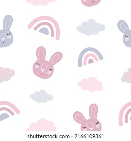 seamless cute childish pattern with bunnies rainbows and clouds