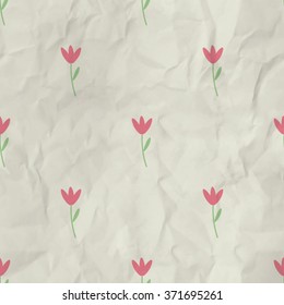 Seamless cute childish pattern with crumpled paper texture. Bright pastel colors. Kids wallpaper. Floral pattern.