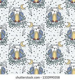 Seamless cute childish pattern with hand drawn cute animals. Creative doodle kids texture for fabric, wrapping, textile, wallpaper, prints, apparel. Vector illustration