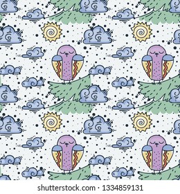 Seamless cute childish pattern with hand drawn cute animals. Creative doodle kids texture for fabric, wrapping, textile, wallpaper, prints, apparel. Vector illustration