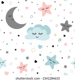 Seamless Cute Children Pattern Cute Baby Stars And Clouds Moon Creative Night Style Kids Light Pink Blue Grey Color Texture For Fabric Wrapping Textile Background Children Pyjamas Vector Illustration.
