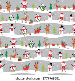 Seamless cute Christmas Character on silver background, Cute Santa and friends