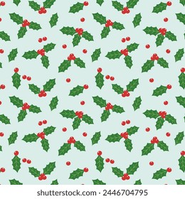 Seamless cute christmas pattern with holly berry leaves for holiday designs. Vector illustration for print wrapping paper fabric card wallpaper.