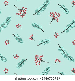Seamless cute christmas pattern with holly berries and pine branch for holiday designs. Winter repeat pattern vector illustration for print wrapping paper fabric card wallpaper.