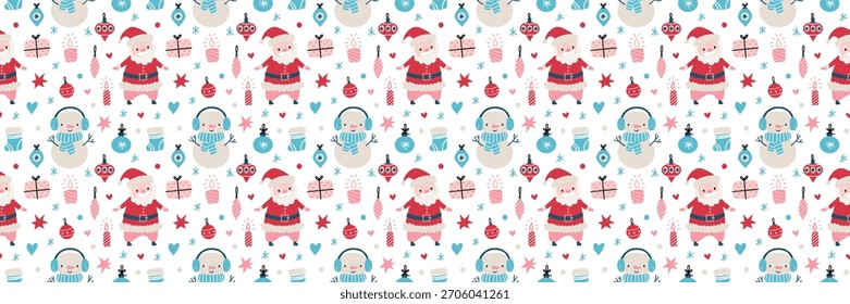 Padrão de Natal perfeito bonito com Papai Noel, bonecos de neve, presentes, enfeites, velas, estrelas e elementos de inverno em tons vermelhos, azuis e pastéis. Fundo festivo de férias para embrulhar, têxteis e decoração.