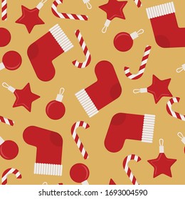 Seamless cute christmas vector pattern with holidays symbols, gifts, presents, candies, x-mas socks, toys on golden background. 