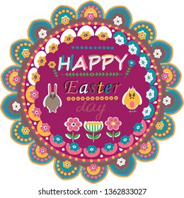 Seamless cute circle pattern with ornamental flowers, rabbits, chick. Easter holiday background for printing on fabric, paper for scrapbooking, gift wrap and wallpapers Happy easter day mandala