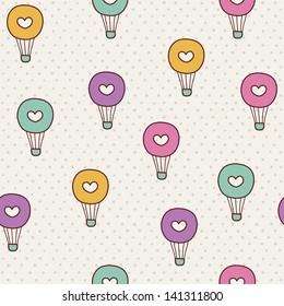 Seamless cute color pattern with hot air balloons. Vector illustration