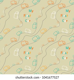 Seamless Cute Color Trucks Icons, My First Car Pattern Vector On Color Background