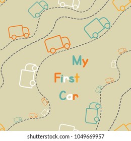 Seamless Cute Color Trucks Icons, My First Car Pattern Vector On Color Background