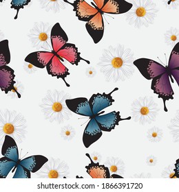 Seamless cute colorful butterfly illustration with daisy pattern - All over insect with flower vector print for kids and girl fabric