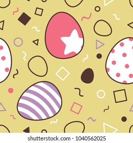 Seamless cute colorful easter eggs vector pattern. Purple stripe, pink polka dot, and round edged star pattern. Yellowish brown background with curvy lines, triangle, circle and squares