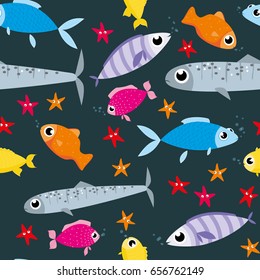 Seamless cute colorful fish pattern on a dark background