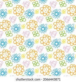 Seamless cute colorful floral pattern with wild flowers and butterflies on white background. Simple scandinavian style. Vector illustration