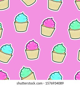 Seamless cute colorful pattern with cupcake stickers. Vector illustration