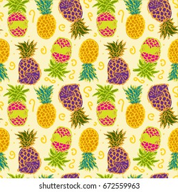Seamless cute colorful pattern with hand drawn pineapples.