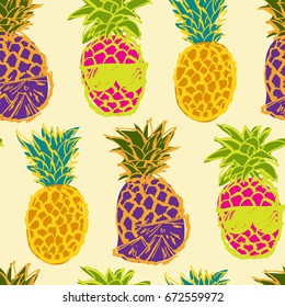 Seamless cute colorful pattern with hand drawn pineapples.