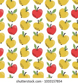 Seamless cute colorful pattern with yellow and red hand drawn apples on white background. Scandinavian design style, vector illustration for textile, manufacturing etc