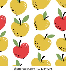 Seamless cute colorful pattern with yellow and red hand drawn apples on white background. Scandinavian design style, vector illustration for textile, manufacturing etc
