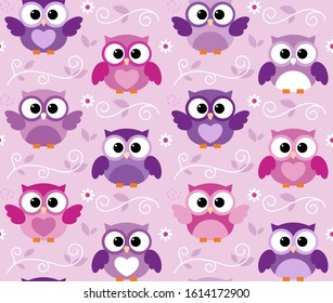 Seamless cute colourful owl kids pattern background. Vector.