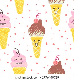 Seamless Cute Cones Pattern, Kawaii Character Ice Cream Illustration, Vector Illustration EPS 10.