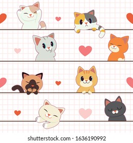 The seamless of cute couple in love of cute cat with heart on the white background in flat vector style. Illustration for background, banner, sticker label and greeting card.