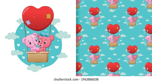 The seamless of the cute couple teddy bear flying with gas balloon in the sky of illustration