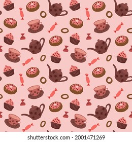 Seamless cute cozy pattern on the theme of a tea party with a teapot, cups, saucer, sweet donut, delicious candies and bagels. It is made in the style of handdrown in pastel monochrome color. Tea time