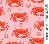 Seamless cute crab pattern in pastel Mediterranean style. Perfect for summer backgrounds, fabrics, and coastal decor with a charming dolce vita vibe.